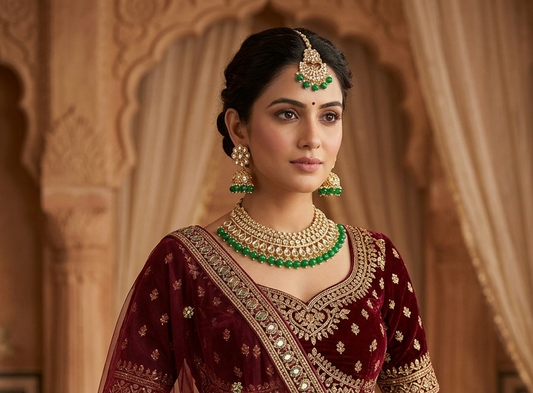 A woman wearing traditional Indian jewelry, including a gold-toned maang tikka, matching earrings, and a layered necklace with green stones, paired with a deep maroon embroidered blouse, set against an ornate beige stone arch background.