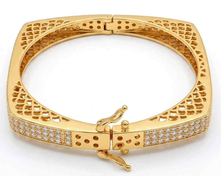 The Square Pavé Bracelet – High-Polish Yellow Gold & Diamond Bangle