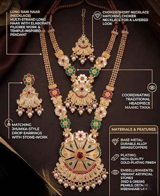 Opulent Gold-Plated Bridal Rani Haar & Choker Layered Combo Set | Pearl & Meenakari 4-Piece Heritage Jewelry | INNOVATE ART IMPEX