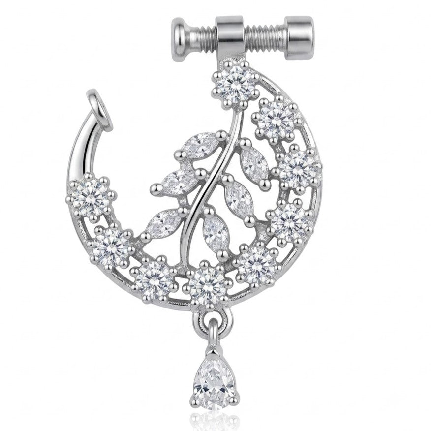 Silver earring with leaf design and teardrop pendant on a white background