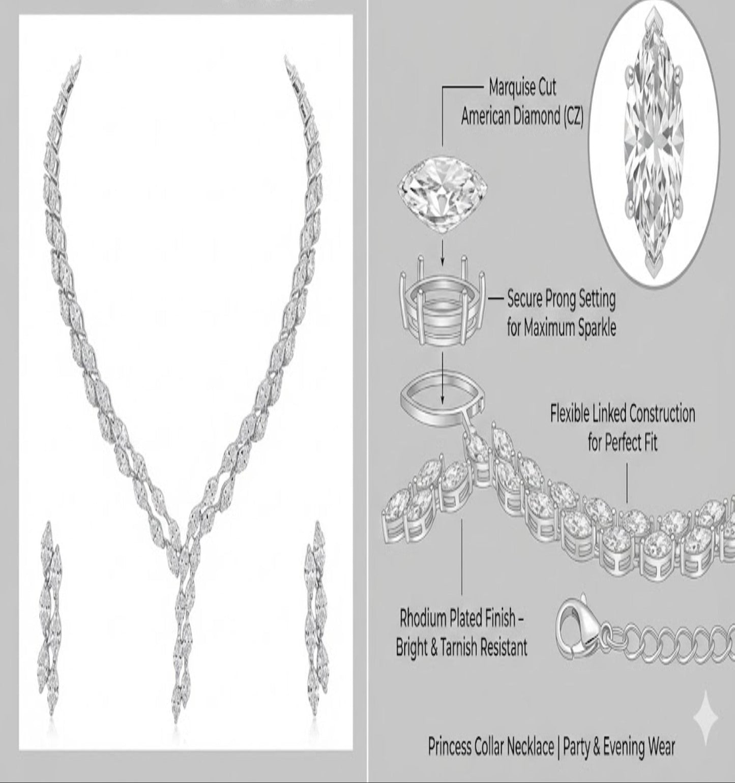 Close-up view of premium artificial Silver plated American Diamond marquise necklace and earring set on white by Innovate Art Impex.