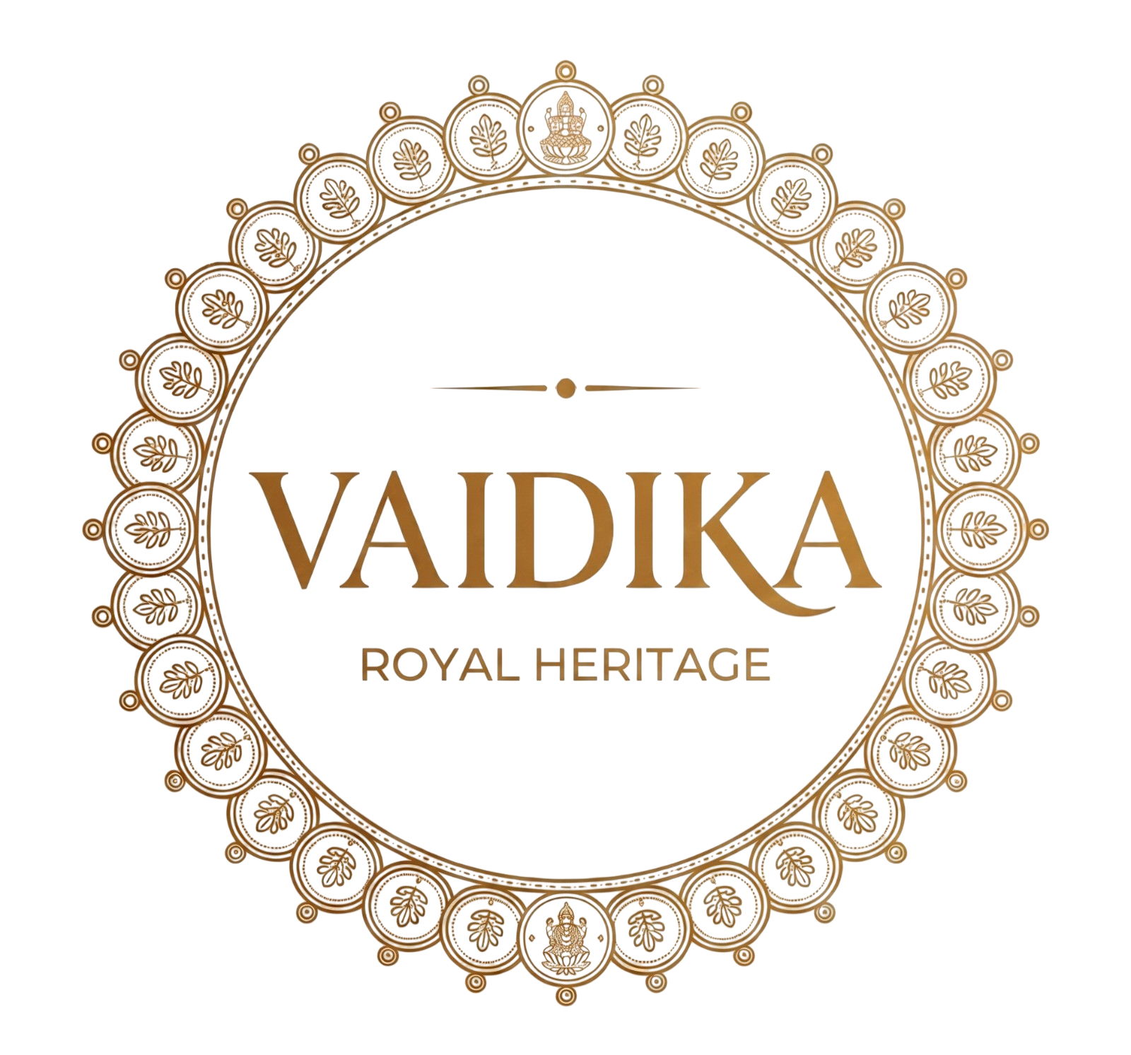 Official logo for VAIDIKA ROYAL HERITAGE, featuring an intricate, gold circular mandala and heritage motifs on a stark black background.