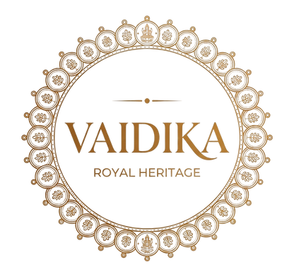 Official logo for VAIDIKA ROYAL HERITAGE, featuring an intricate, gold circular mandala and heritage motifs on a stark black background.