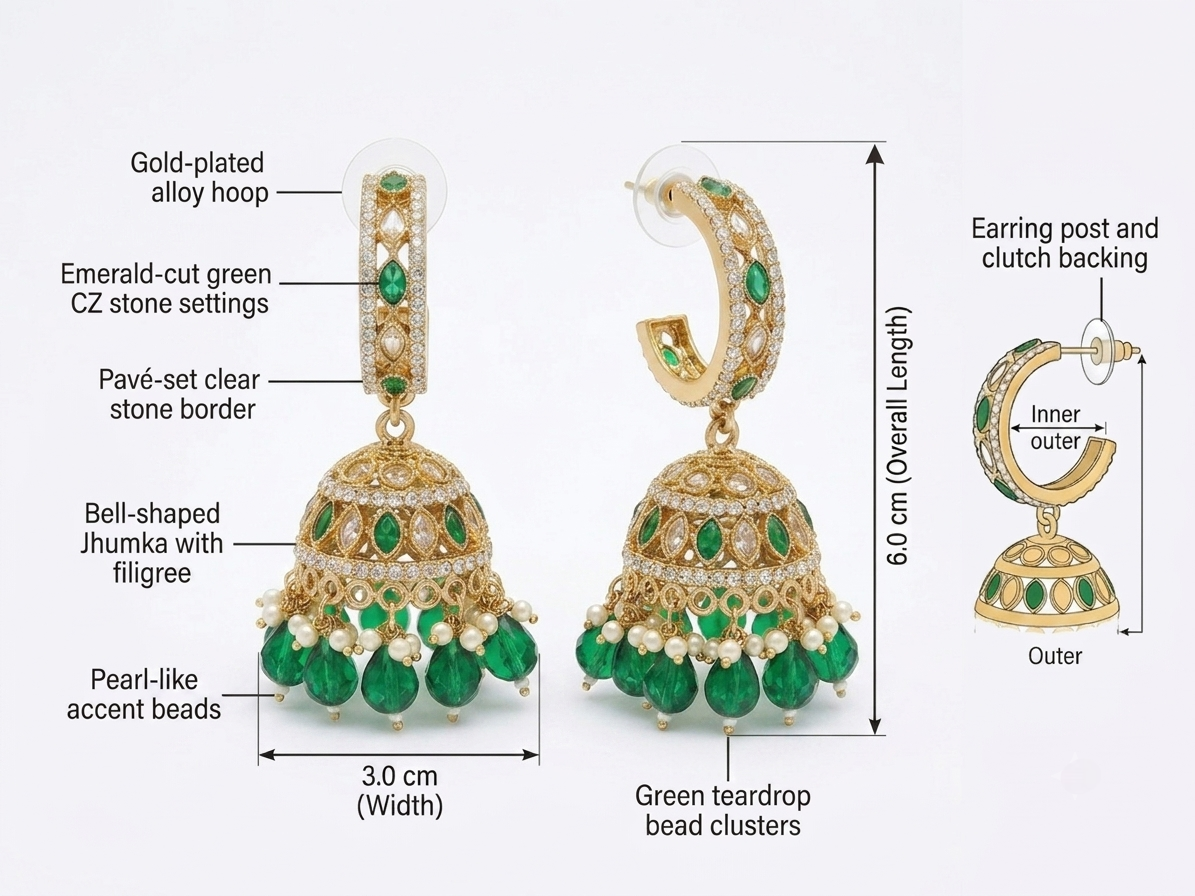 Dimension guide for the emerald green hoop jhumka earrings displaying a 6.0 cm overall length and 3.0 cm bell width, highlighting the green CZ stones and teardrop bead clusters.