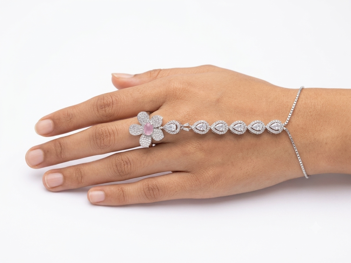 Detailed sizing and dimension infographic guide for the silver floral hand chain bracelet, displaying the total length, ring size, and pear chain measurements next to a ruler.