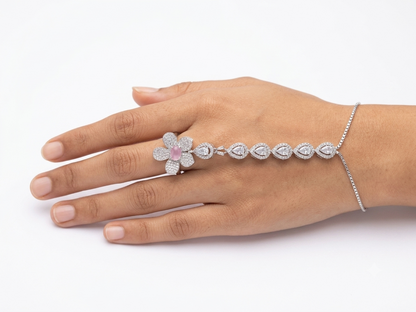 Detailed sizing and dimension infographic guide for the silver floral hand chain bracelet, displaying the total length, ring size, and pear chain measurements next to a ruler.