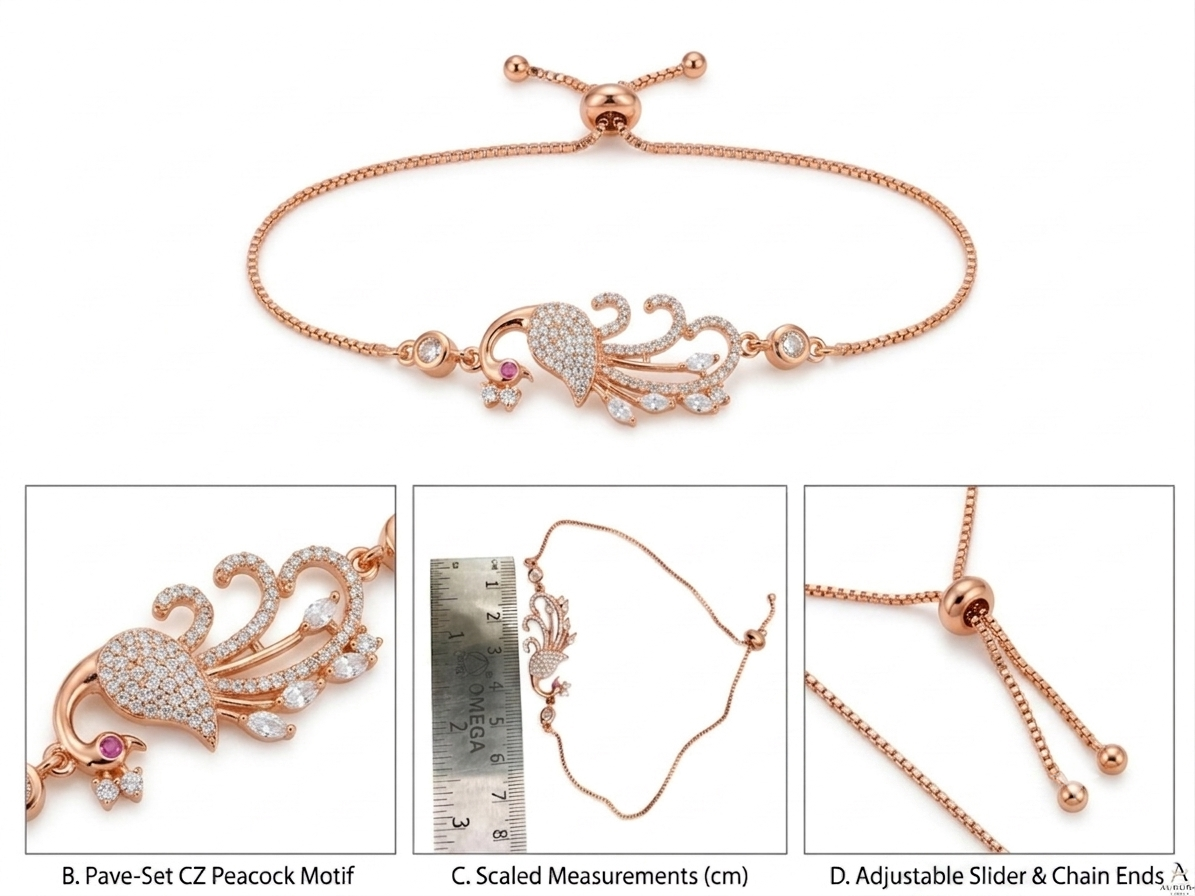 Specification and measurement graphic showing the rose gold peacock bracelet's dimensions against a centimeter ruler, detailing the adjustable slider and box chain.