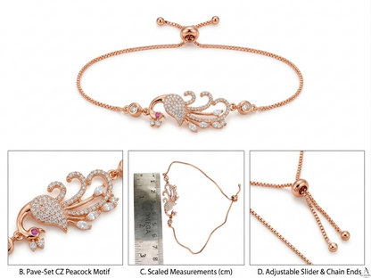 Specification and measurement graphic showing the rose gold peacock bracelet's dimensions against a centimeter ruler, detailing the adjustable slider and box chain.