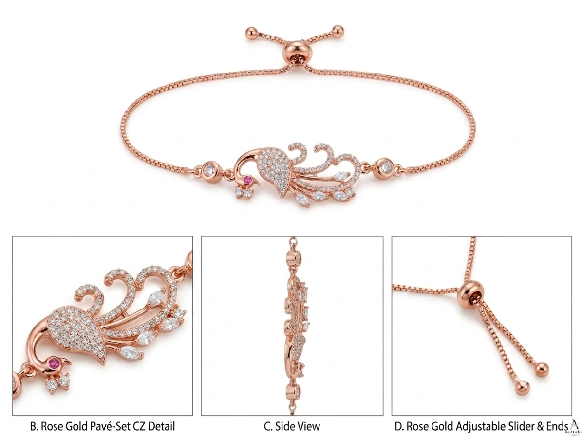 Rose Gold Pavé CZ Peacock Adjustable Bolo Bracelet