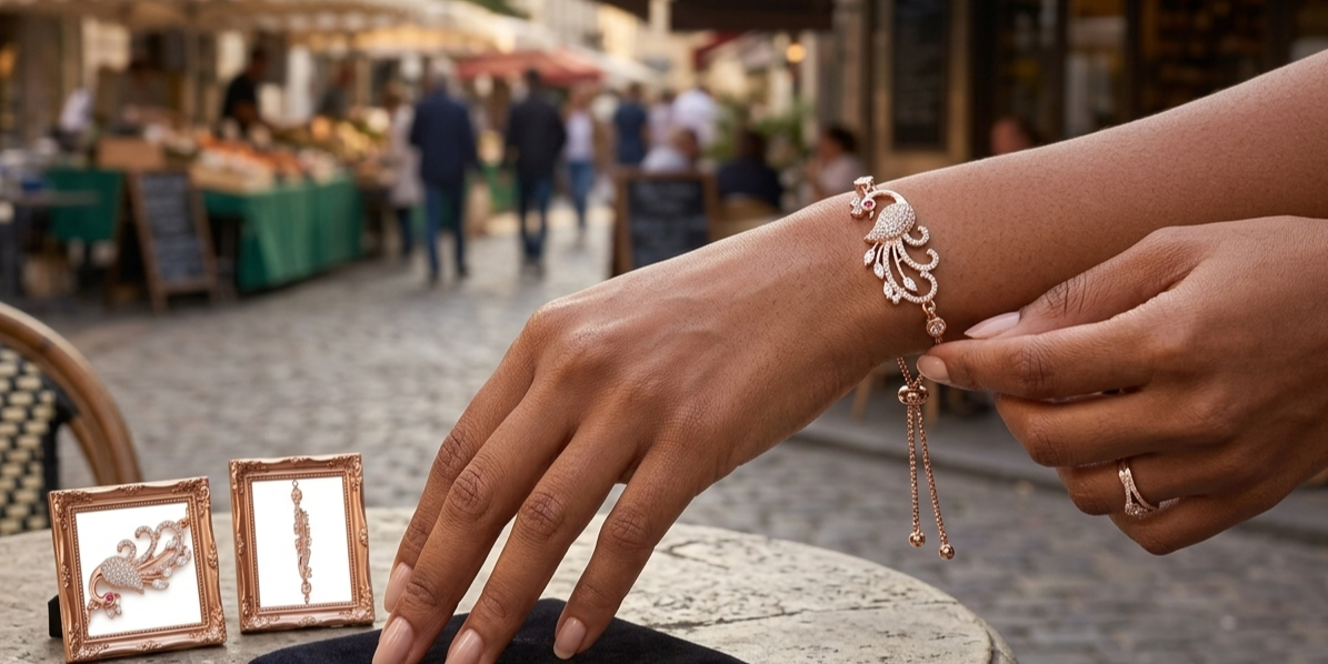 Rose Gold Pavé CZ Peacock Adjustable Bolo Bracelet