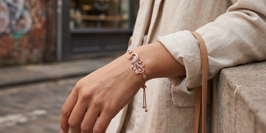 Rose Gold Pavé CZ Peacock Adjustable Bolo Bracelet