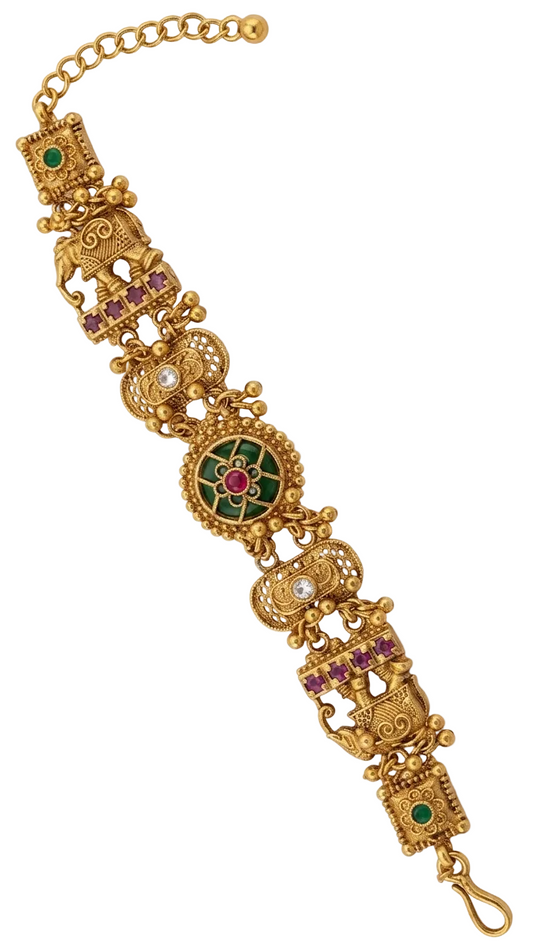 Traditional Antique Finish Temple Bracelet with Elephant Motifs & Stones