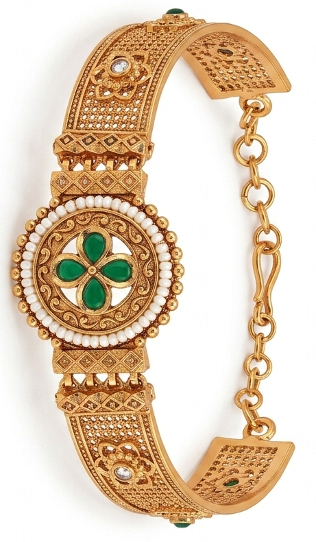 Antique Copper Kundan Style Clover Bracelet with Pearls & Green Stones