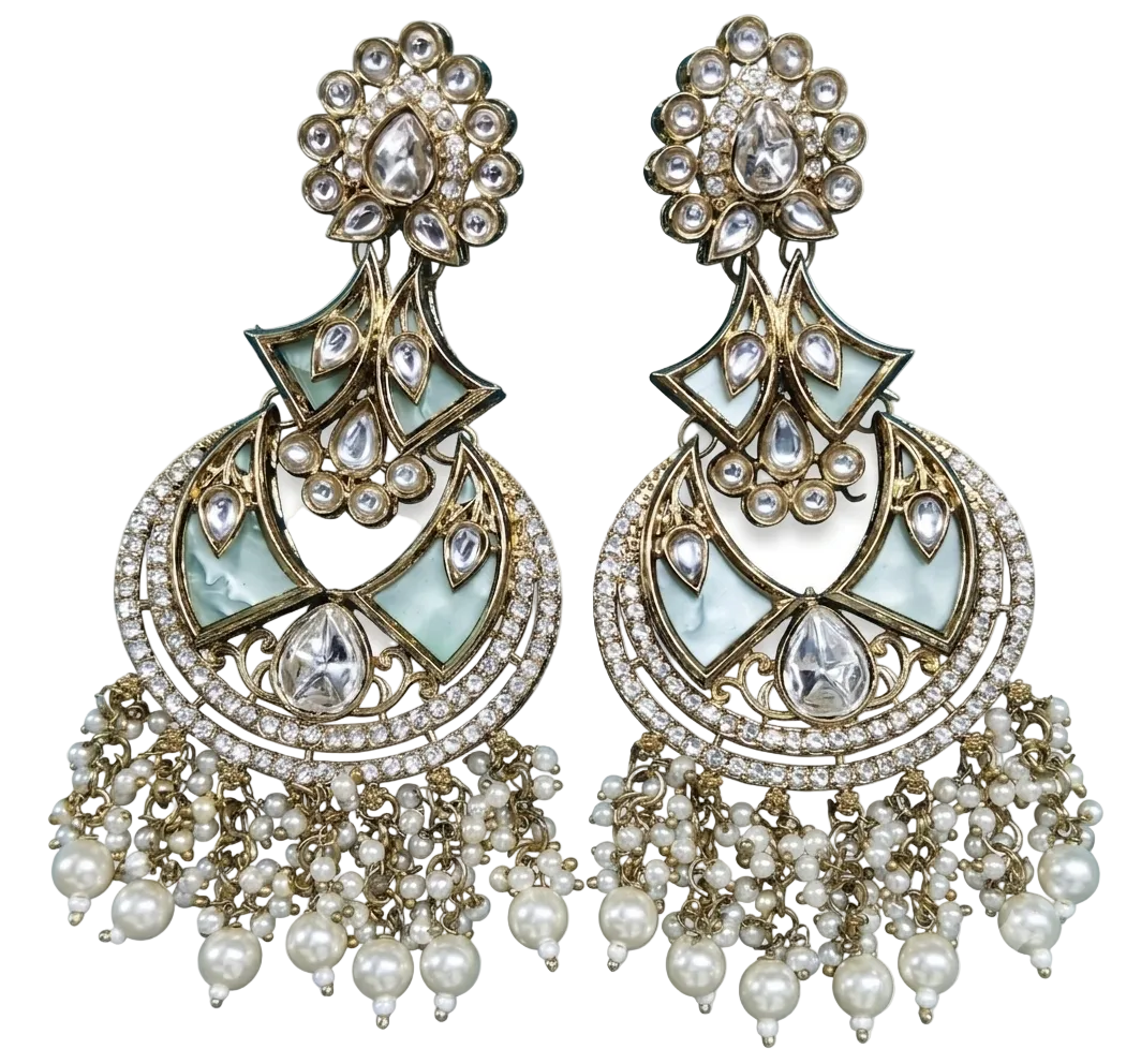 Close-up front view of artificial Kundan statement earrings featuring mineral mint accents and pure white faux pearls, isolated on a pure white background.