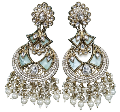 Close-up front view of artificial Kundan statement earrings featuring mineral mint accents and pure white faux pearls, isolated on a pure white background.