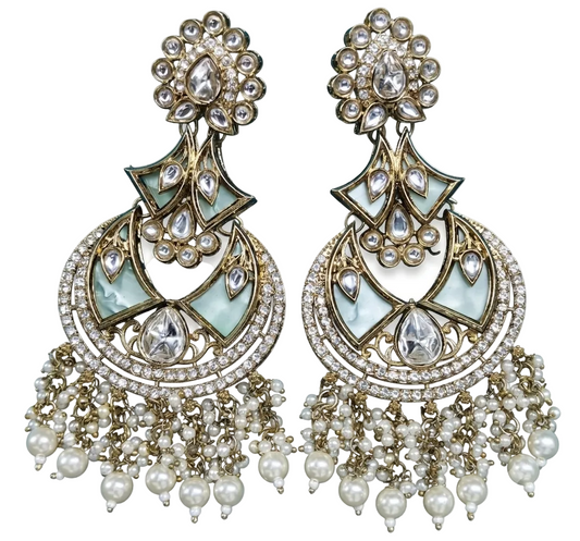 Close-up front view of artificial Kundan statement earrings featuring mineral mint accents and pure white faux pearls, isolated on a pure white background.
