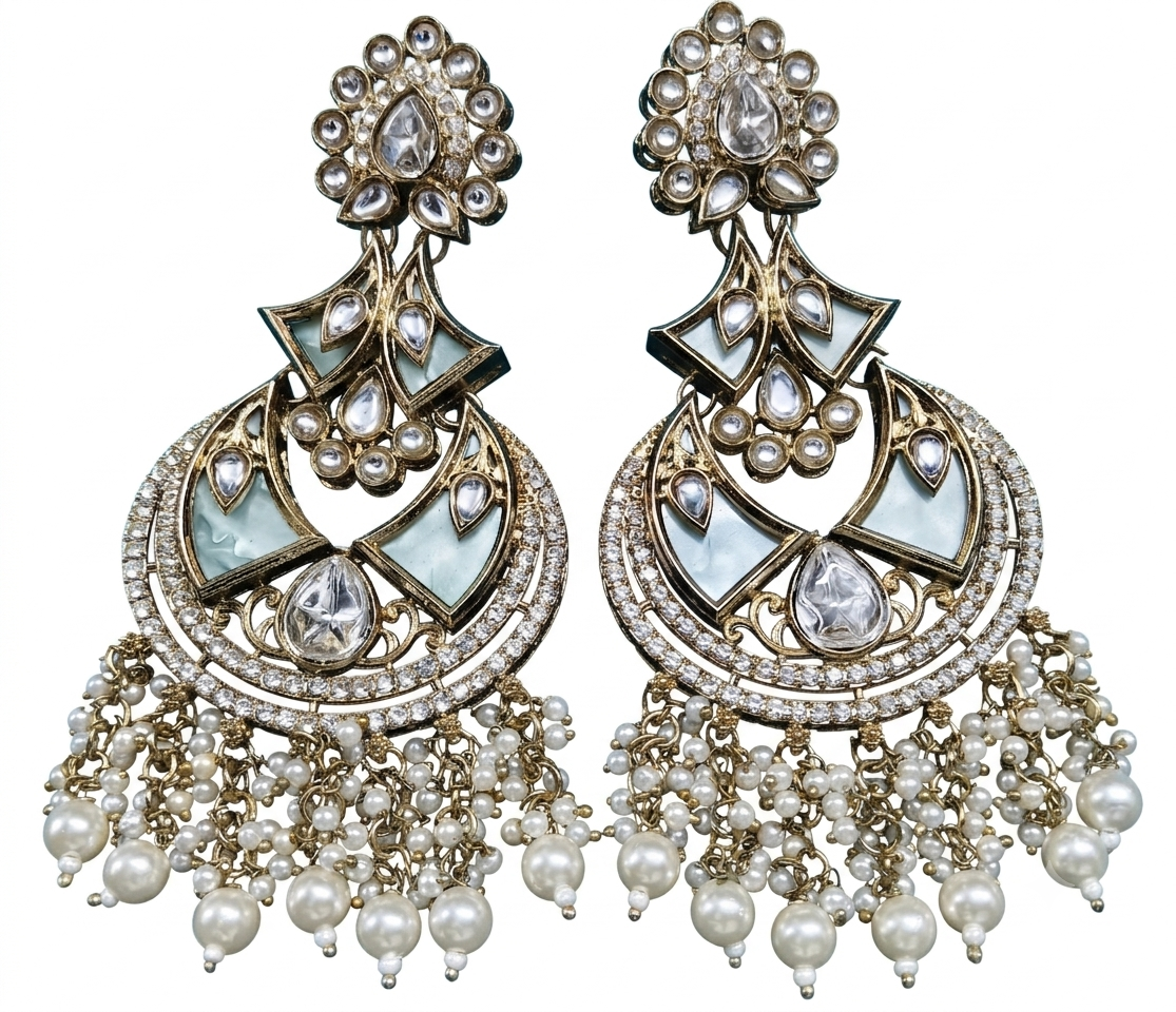 Front view of a pair of artificial Kundan and faux pearl Chandbali earrings with mineral mint detailing, isolated on a pure white background.