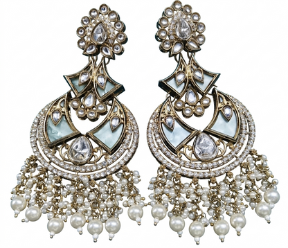 Front view of a pair of artificial Kundan and faux pearl Chandbali earrings with mineral mint detailing, isolated on a pure white background.