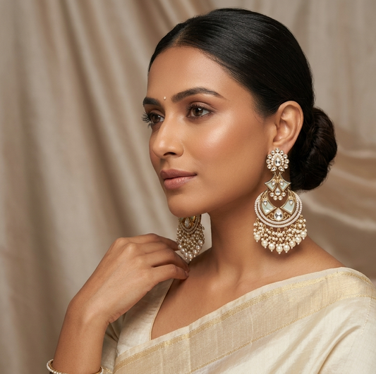 Artificial Kundan & Pearl Chandbali Earrings