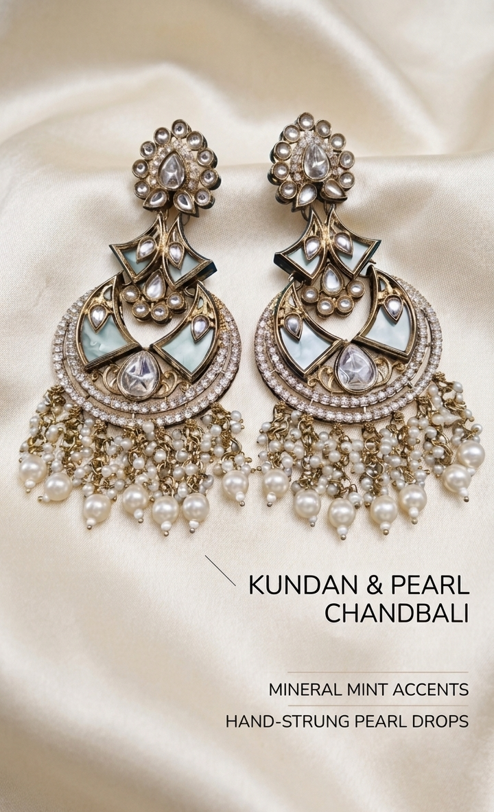 A pair of artificial Kundan Chandbali earrings with mineral mint accents and hand-strung pure white faux pearl drops, displayed flat on a soft textured fabric background.