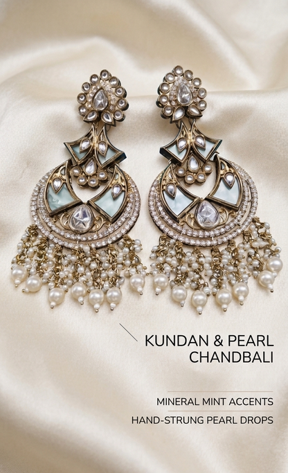 A pair of artificial Kundan Chandbali earrings with mineral mint accents and hand-strung pure white faux pearl drops, displayed flat on a soft textured fabric background.