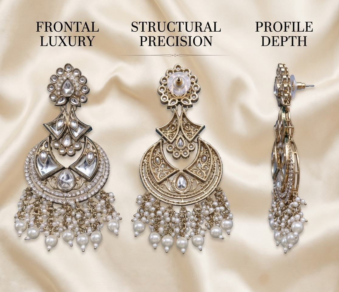 Three angles of a single artificial Kundan and pure white faux pearl Chandbali earring, showing the front design, the back push-back closure, and a side profile depth view.