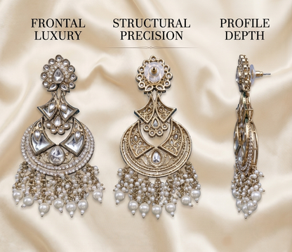 Three angles of a single artificial Kundan and pure white faux pearl Chandbali earring, showing the front design, the back push-back closure, and a side profile depth view.