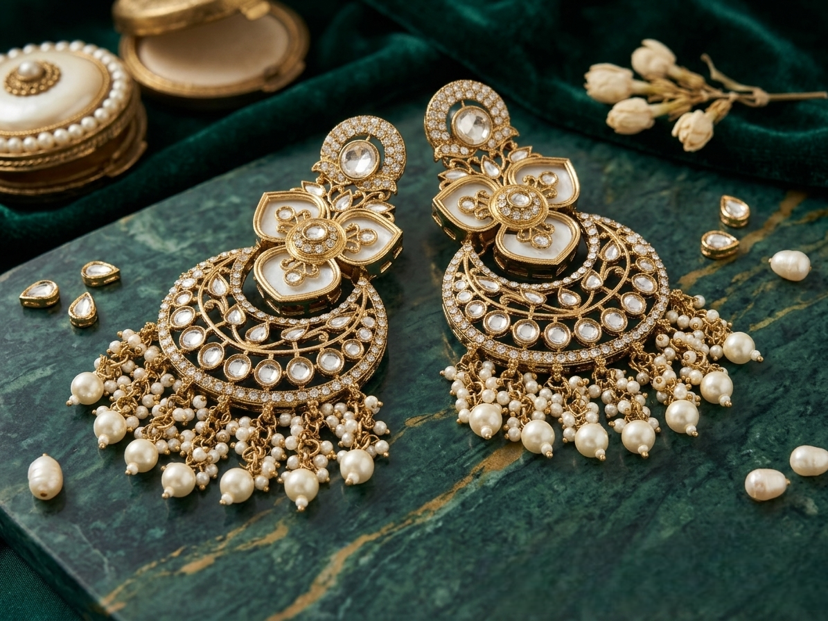 Vaidika Royal Heritage artificial gold-tone Chandbali earrings styled flat lay on a luxury dark green marble surface, surrounded by loose faux pearls and traditional decorative elements.
