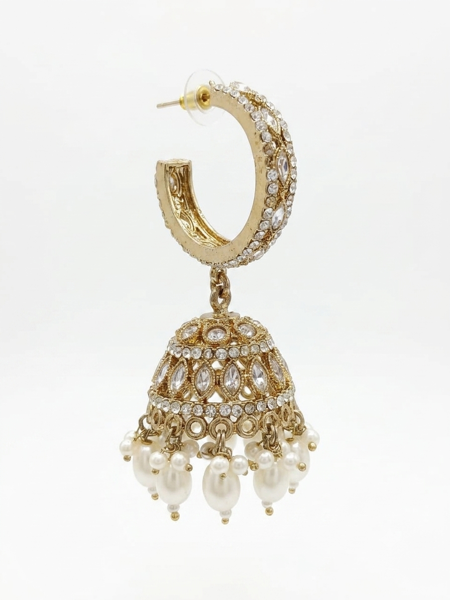 Gold-Toned Stone-Studded Hoop Jhumka Earrings with Pearl Drops