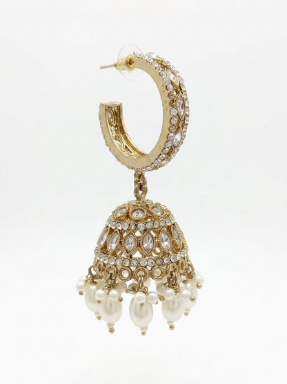 Gold-Toned Stone-Studded Hoop Jhumka Earrings with Pearl Drops