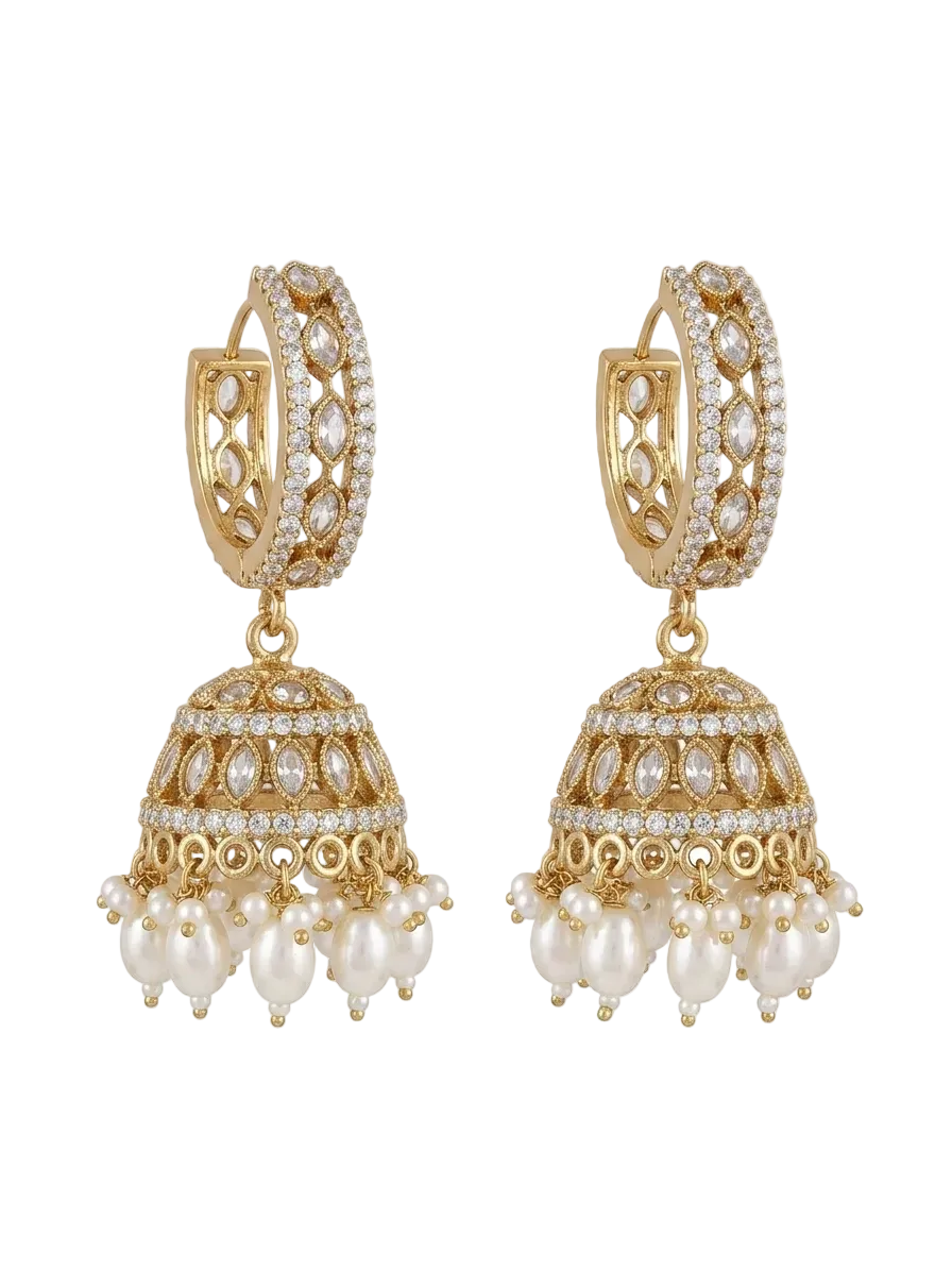 Gold-Toned Stone-Studded Hoop Jhumka Earrings with Pearl Drops