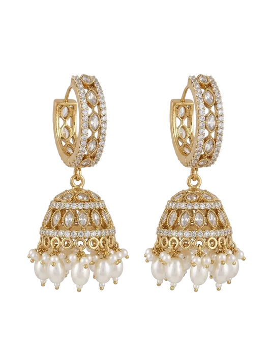 Gold-Toned Stone-Studded Hoop Jhumka Earrings with Pearl Drops