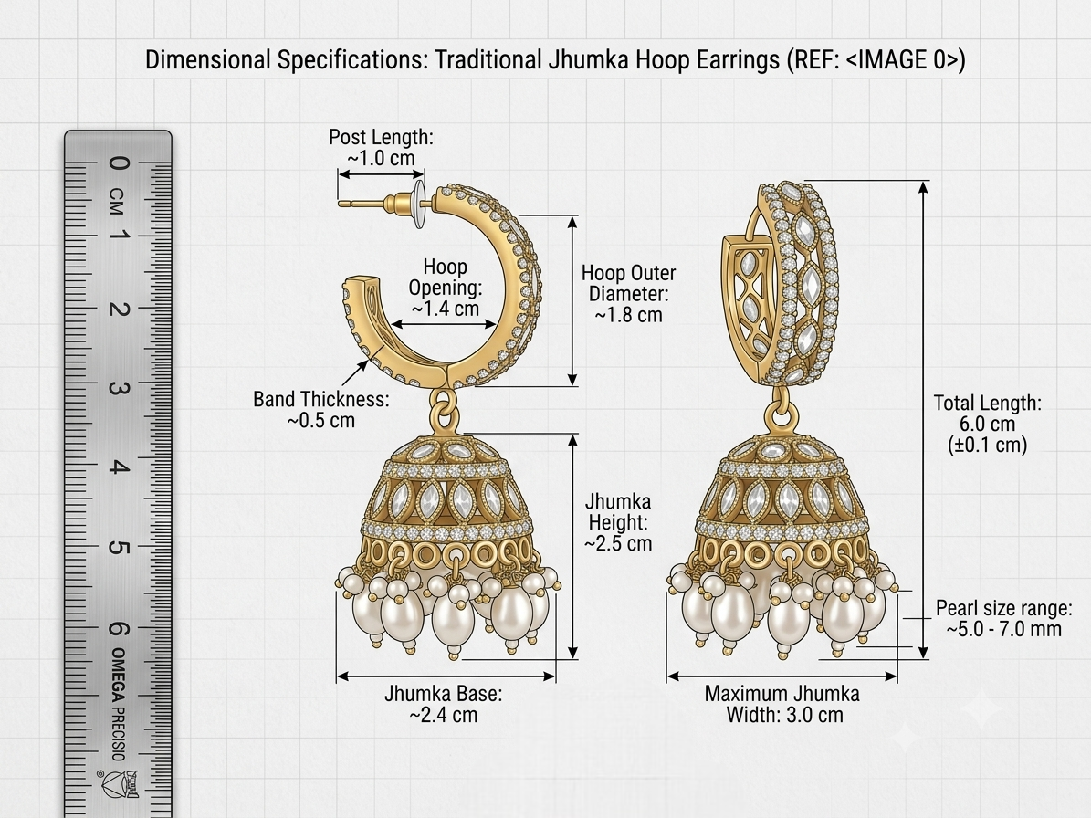 Detailed dimensional specification chart for traditional jhumka hoop earrings, displaying measurements for the hoop diameter, jhumka base, and pearl drop size.