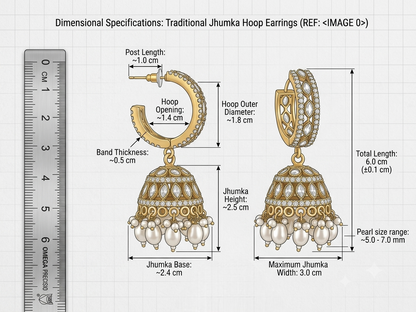 Detailed dimensional specification chart for traditional jhumka hoop earrings, displaying measurements for the hoop diameter, jhumka base, and pearl drop size.