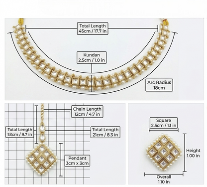 Measurement diagram of a gold-toned Kundan necklace with a matching pendant, showing total length, chain length, pendant size, and arc radius with labeled dimensions on a white background.
