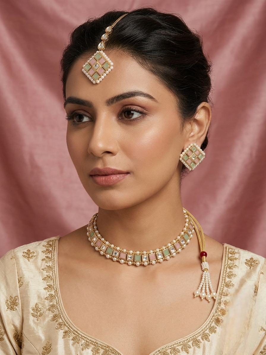 A female model wearing a traditional pastel pink and green Kundan choker necklace set featuring pure white pearl borders, complete with matching square earrings and a maangtikka against a draped pink background.