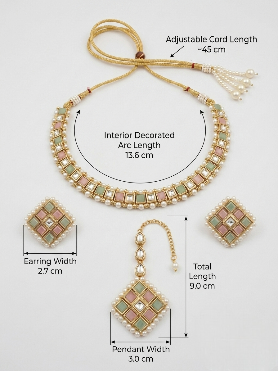 Dimensions diagram of a pastel pink and green Kundan choker necklace set featuring pure white pearls, detailing measurements for the necklace interior arc, adjustable cord, square earrings, and maangtikka pendant.