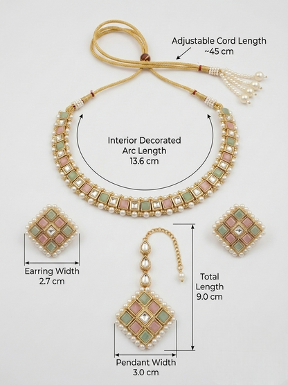 Dimensions diagram of a pastel pink and green Kundan choker necklace set featuring pure white pearls, detailing measurements for the necklace interior arc, adjustable cord, square earrings, and maangtikka pendant.