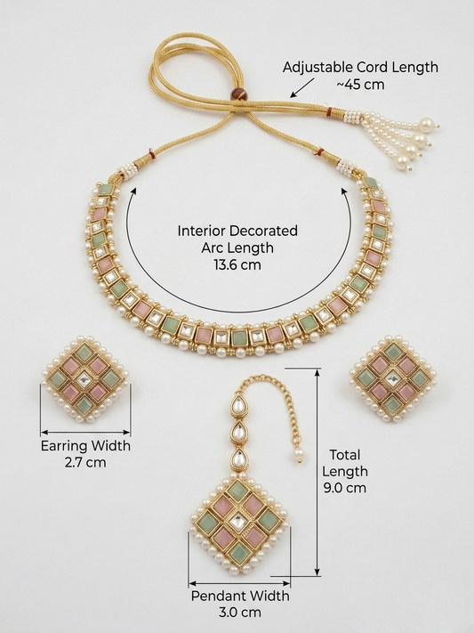 Premium Pastel Kundan & Pure White Pearl Choker Necklace Set with Maangtikka