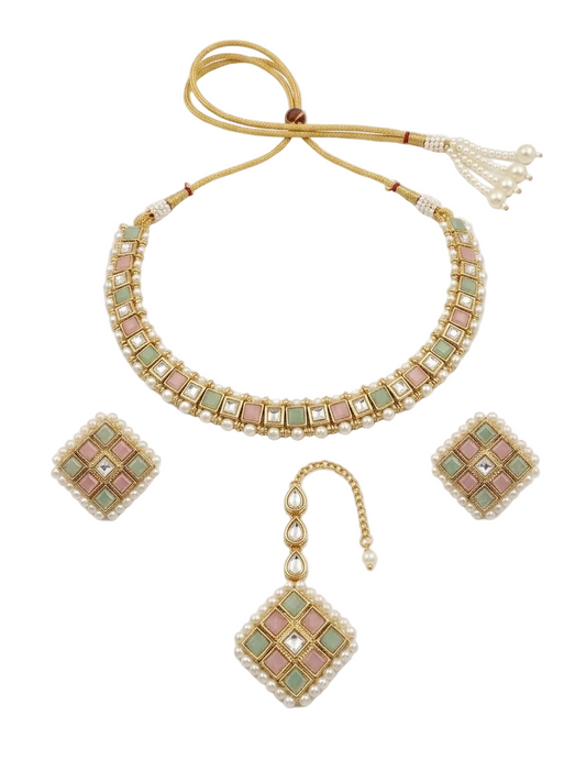 Premium Pastel Kundan & Pure White Pearl Choker Necklace Set with Maangtikka