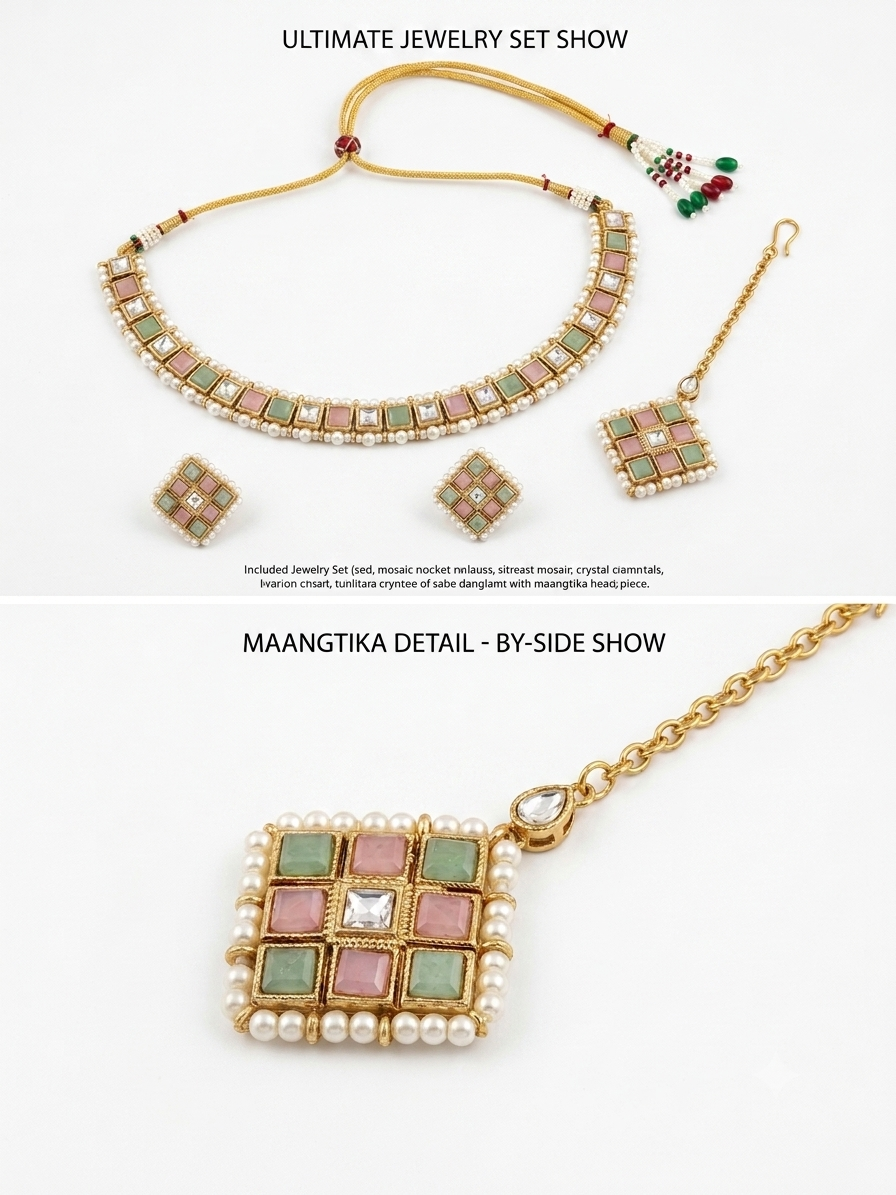 A two-part presentation collage; the top section displays the ultimate jewelry set show of the pastel Kundan collection, and the bottom provides a detailed side-show close-up of the square maangtikka pendant adorned with pure white pearls.