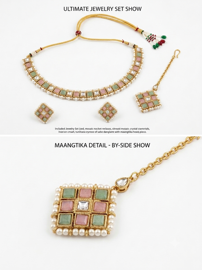 A two-part presentation collage; the top section displays the ultimate jewelry set show of the pastel Kundan collection, and the bottom provides a detailed side-show close-up of the square maangtikka pendant adorned with pure white pearls.