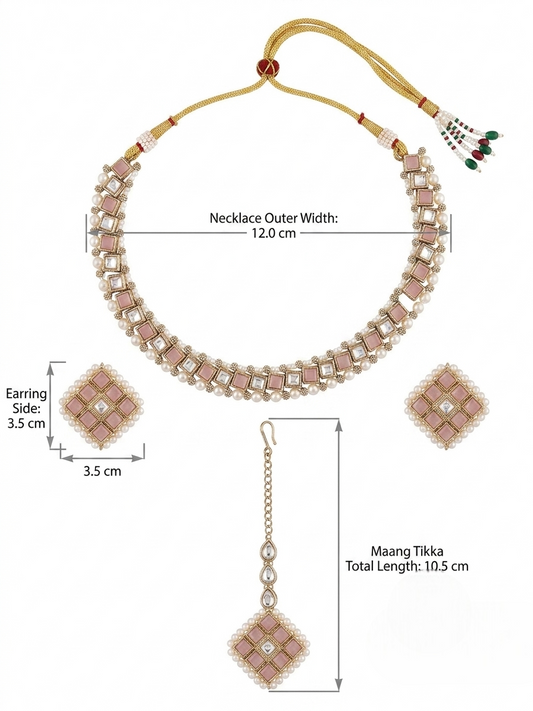 Pink Kundan & Stone Choker Necklace Set with Earrings and Maang Tikka