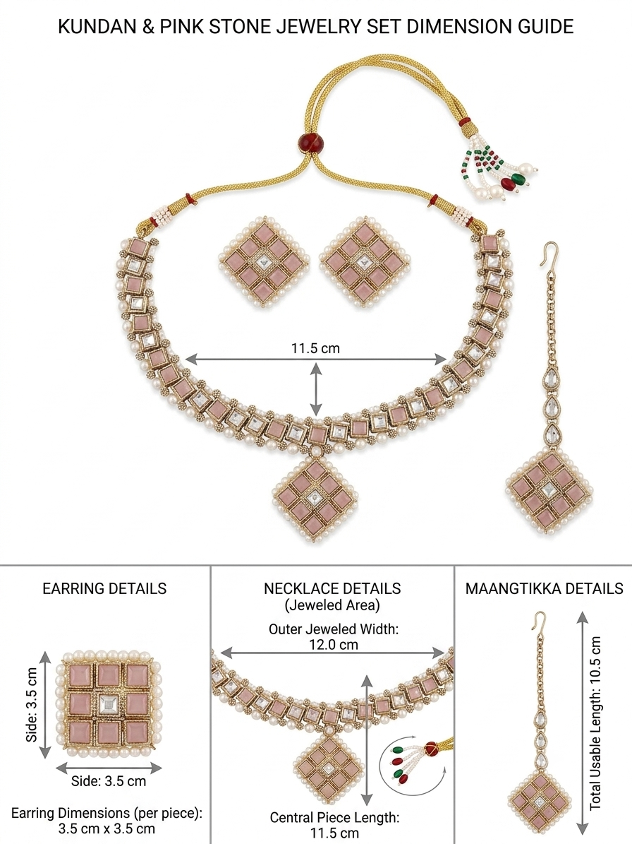 Comprehensive dimension guide for the pink Kundan and stone jewelry set showing detailed close-up measurements for the earrings, central necklace piece, and maang tikka.