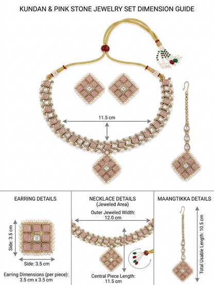 Comprehensive dimension guide for the pink Kundan and stone jewelry set showing detailed close-up measurements for the earrings, central necklace piece, and maang tikka.
