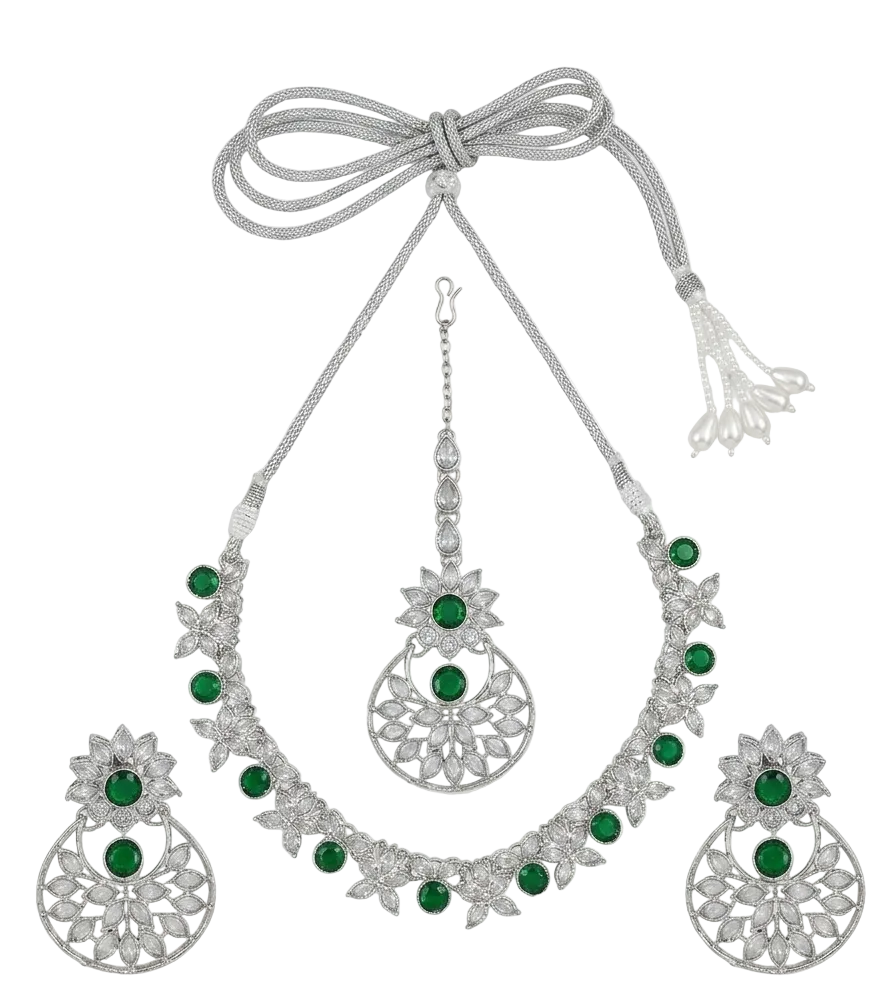 Complete silver-tone imitation choker necklace set with maang tikka and earrings flat lay.