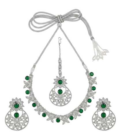Complete silver-tone imitation choker necklace set with maang tikka and earrings flat lay.