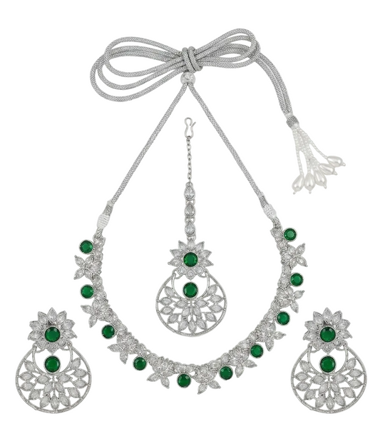 Complete silver-tone imitation choker necklace set with maang tikka and earrings flat lay.