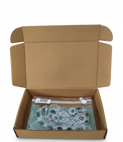Packaging view showing the artificial jewelry set secured in a transparent zip-lock pouch inside a corrugated box.