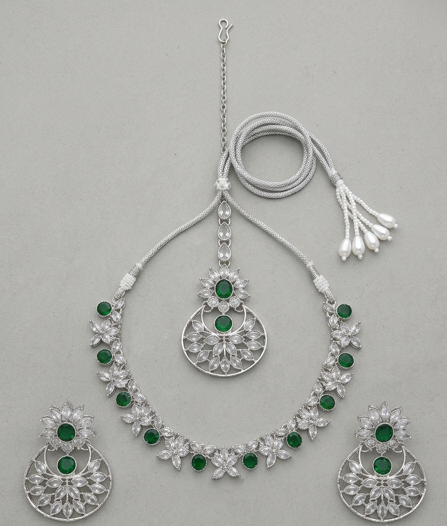 Top-down view of the complete artificial green stone necklace set against a neutral background.